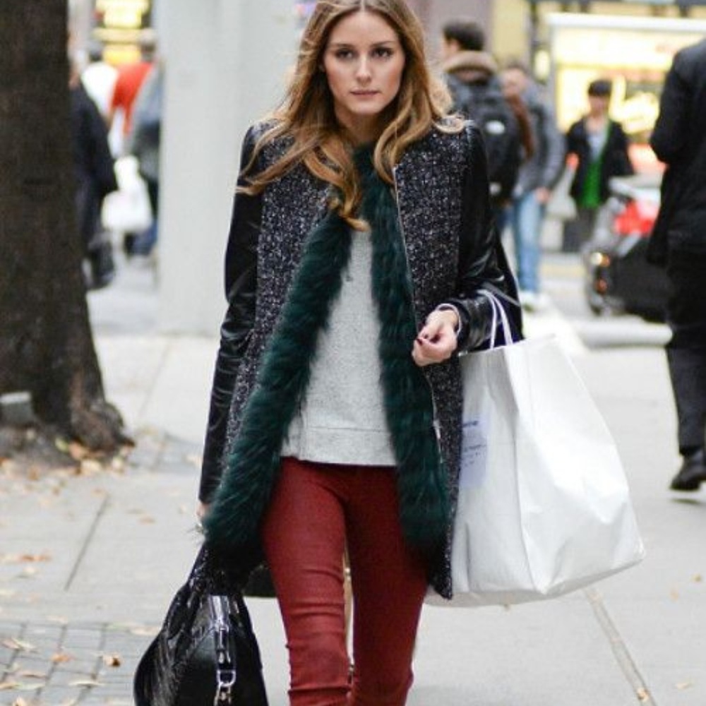 Zara Boucle Leather Sleeve XS Coat Olivia Palermo